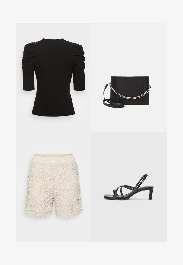 Vero Moda Tall VMEGAMAXI - Paprasti marškinėliai - black; Šviesiai smėliniai nėriniuoti šortai su gėlių raštais, išpjautu apdailos kraštu ir tekstūruotu audiniu liemeniu, su išsamiu dekoru visame paviršiuje.; Juodi šlepetės su kvadratiniu pirštu ir žemu bloku kulnu. Yra keli ploni dirželiai ir reguliuojamas kulkšnies diržas. Pagaminti iš lygios odos.; Juodas odinis per petį nešiojamas krepšys turi lygų paviršių, stačiakampio formą ir metalinę grandinėlę priekyje. Pridedama reguliuojama dirželis.; Sidabrinis dvigubas žiedas su lygiu, poliruotu paviršiumi. Pasižymi sklandžiu, kreiptu dizainu su persipinančiomis dalimis, suteikiančiomis modernų išvaizdą.