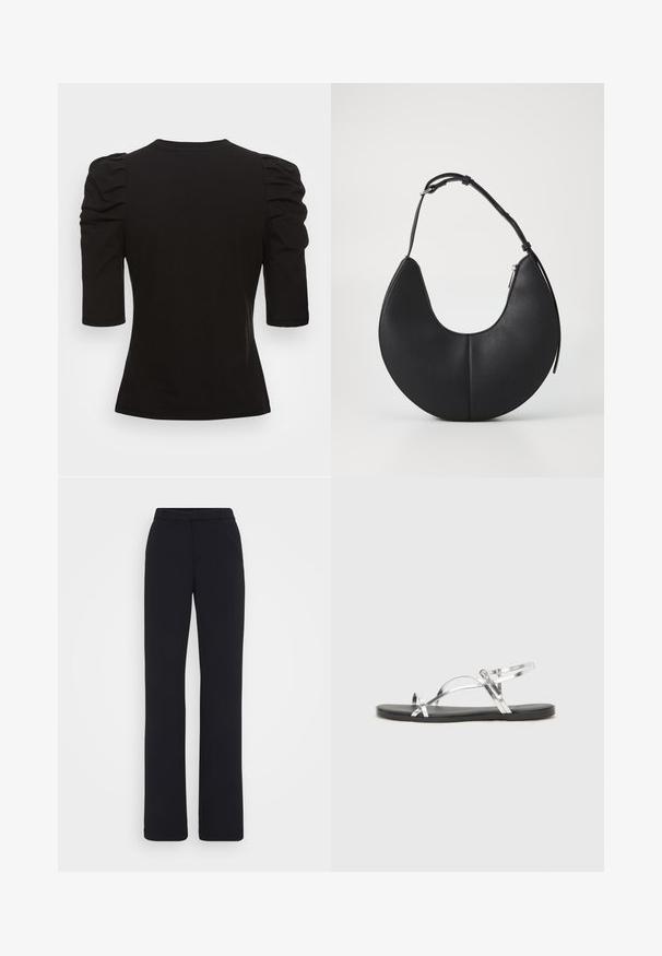 Vero Moda Tall VMEGAMAXI - T-shirts - black; Sorte, skreddersydde bukser med flat front, rette ben og et glatt, strukturert stoff. Ingen synlige lommer eller dekorasjoner.; Sølvfargede metall sandaler med et minimalistisk design, som har tynne stropper og en sort flat såle. Fremhevingene inkluderer kryssremmer.; Svart lærveske i halvmåneform med en glatt tekstur, en enkel justerbar stropp og glidelås på siden.