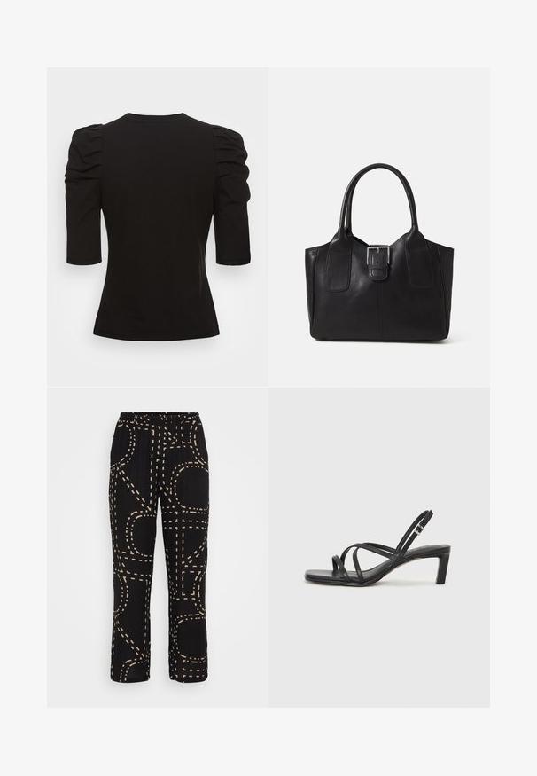 Vero Moda Tall VMEGAMAXI - Navadna majica - black; Črne hlače ohlapnega kroja, ki imajo smetanasto vzorčasto črto v različnih oblikah. Pas je elastičen za udobje.; Črne natikače s trakovi in kvadratnim prstom ter nizkim blokastim peto. Imajo več tankih trakov in nastavljiv trak okoli gležnja. Narejene so iz gladkega usnja.; Črna usnjena torba s gladko teksturo, strukturirano obliko, dvema ročkama in izrazitim srebrnim sponko na sprednji strani.