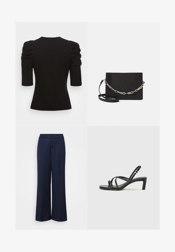 Vero Moda Tall VMEGAMAXI - T-paita - black; Laivastonsiniset leveälahkeiset housut, jotka on valmistettu sileästä kankaasta. Ominaisuuksiin kuuluu sileä etuosa, johon on lisätty laskokset, ja klassinen vyötärö, joka antaa muodollisen ilmeen.; Mustat hihnalligat, joissa on neliön muotoinen kärki ja matala lohkokorko. Ominaisuuksiin kuuluu useita ohuita hihnoja ja säädettävä nilkkahihna. Valmistettu sileästä nahasta.; Musta nahkainen olkalaukku, jossa on sileä pinta, suorakulmainen muoto ja metalliketju yksityiskohtana edessä. Mukana säädettävä hihna.