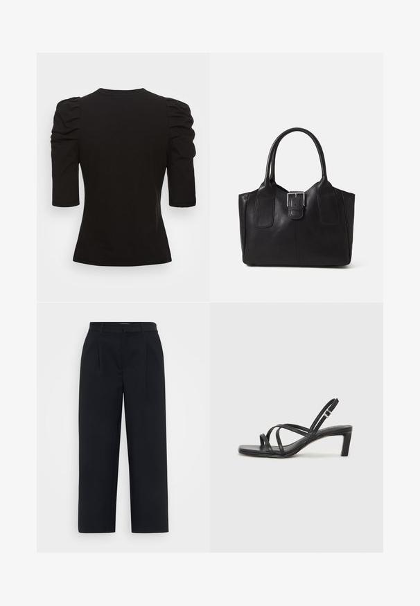 Vero Moda Tall VMEGAMAXI - Basic T-shirt - black; Black wide-leg trousers made from a smooth fabric. Features pleats on the front, a tailored waistband, and a clean hem with no visible fastenings.; Black strappy sandal with a square toe and a low block heel. Features multiple thin straps and an adjustable ankle strap. Made of smooth leather.; Black leather tote bag with smooth texture, structured shape, two handles, and a prominent silver buckle detail on the front.