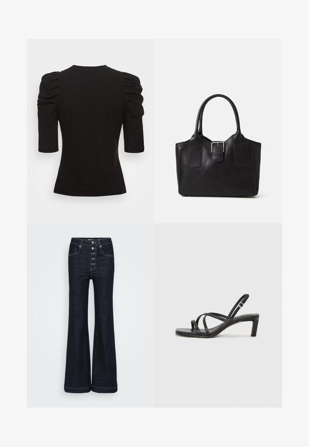 Vero Moda Tall VMEGAMAXI - T-Shirt basic - black; Dunkelblaue, ausgestellte Jeans mit hoher Taille, fünf vorderen Knöpfen und kontrastierenden weißen Nähten entlang der Säume. Klassisches Design.; Schwarze Sandale mit Riemchen, quadratischer Zehenform und niedrigem Blockabsatz. Verfügt über mehrere dünne Riemen und einen verstellbaren Knöchelriemen. Hergestellt aus glattem Leder.; Schwarze Leder-Tote mit glatter Textur, strukturiertem Design, zwei Griffen und einem auffälligen silbernen Schnallen-Detail auf der Vorderseite.; Silberner Doppelring mit einer glatten, polierten Oberfläche. Verfügt über ein fließendes, kurviges Design mit überlappenden Abschnitten für einen modernen Look.