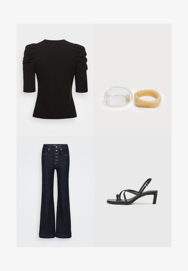 Vero Moda Tall VMEGAMAXI - Paprasti marškinėliai - black; Tamsių džinsų su plačiais apatiniais kelnėmis ir aukštu liemeniu, penkiomis priekinėmis sagomis bei kontrastinga balta siūlėmis aplink siūles ir apatinę dalį. Klasikinis dizainas.; Juodi šlepetės su kvadratiniu pirštu ir žemu bloku kulnu. Yra keli ploni dirželiai ir reguliuojamas kulkšnies diržas. Pagaminti iš lygios odos.; Skaidraus ir gintaro dervos žiedai, vienas lygus ir skaidrus, kitas su tekstūruotu, gintaro atspalviu. Abu turi apvalius, storus dizainus.