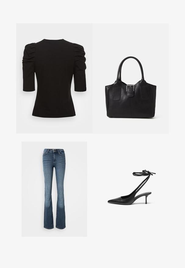 Vero Moda Tall VMEGAMAXI - Basic T-shirt - black; Bootcut jeans made of blue denim. Features a mid-rise waist, five pockets, subtle stitching, and a slightly faded look on legs.; Black leather stiletto shoe with a pointed toe, open back, and ankle straps tied in a bow. Slim 3-inch heel. Smooth texture, minimalist design.; Black leather tote bag with smooth texture, structured shape, two handles, and a prominent silver buckle detail on the front.; Silver double-band ring with a smooth, polished surface. Features a fluid, curved design with overlapping sections for a modern look.