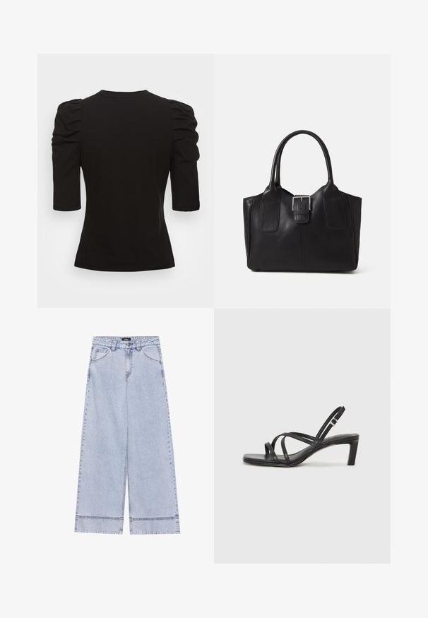 Vero Moda Tall VMEGAMAXI - Navadna majica - black; Svijetloplave traperice širokog kroja, izrađene od denima, s visokim strukom, prednjim džepovima i ravnim krojem s vidljivim šavovima.; Črne natikače s trakovi in kvadratnim prstom ter nizkim blokastim peto. Imajo več tankih trakov in nastavljiv trak okoli gležnja. Narejene so iz gladkega usnja.; Črna usnjena torba s gladko teksturo, strukturirano obliko, dvema ročkama in izrazitim srebrnim sponko na sprednji strani.