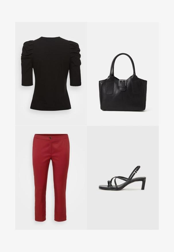 Vero Moda Tall VMEGAMAXI - Navadna majica - black; Rdeči hlače s prilagodljenim krojem in gladkim materialom, ki imajo sprednje zapiranje na gumb in ravne noge, zasnovane za prileganje silhueti.; Črne natikače s trakovi in kvadratnim prstom ter nizkim blokastim peto. Imajo več tankih trakov in nastavljiv trak okoli gležnja. Narejene so iz gladkega usnja.; Črna usnjena torba s gladko teksturo, strukturirano obliko, dvema ročkama in izrazitim srebrnim sponko na sprednji strani.