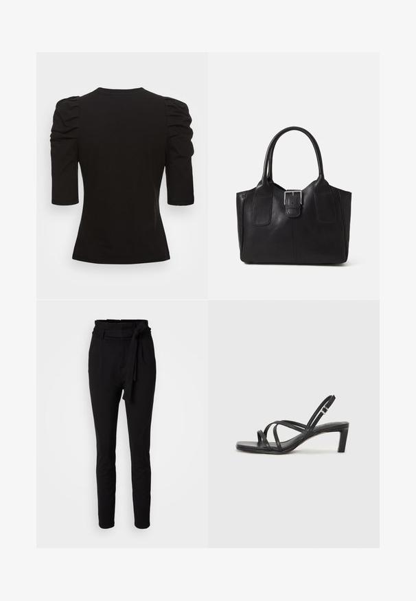 Vero Moda Tall VMEGAMAXI - T-Shirt basic - black; Schwarze Hosen mit hoher Taille und einem gebundenen Gurt-Detail. Hergestellt aus weichem Stoff, der eine glatte Textur und ein schmal zulaufendes Bein-Design aufweist.; Schwarze Sandale mit Riemchen, quadratischer Zehenform und niedrigem Blockabsatz. Verfügt über mehrere dünne Riemen und einen verstellbaren Knöchelriemen. Hergestellt aus glattem Leder.; Schwarze Leder-Tote mit glatter Textur, strukturiertem Design, zwei Griffen und einem auffälligen silbernen Schnallen-Detail auf der Vorderseite.; Silberner Doppelring mit einer glatten, polierten Oberfläche. Verfügt über ein fließendes, kurviges Design mit überlappenden Abschnitten für einen modernen Look.