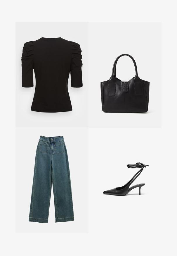 Vero Moda Tall VMEGAMAXI - Navadna majica - black; Široke jeans hlače v zbledeli modri barvi, z visokim pasom, dvema sprednjima žepoma in klasičnim zapiranjem na gumb. Tkanina ima mehak, gladek otip.; Črne usnjene stiletto čevlje z ostrim nosom, odprtim hrbtom in zankami za gleženj, vezanimi v pentljo. Tanek 3-palčni pet. Gladka textura, minimalistična zasnova.; Črna usnjena torba s gladko teksturo, strukturirano obliko, dvema ročkama in izrazitim srebrnim sponko na sprednji strani.