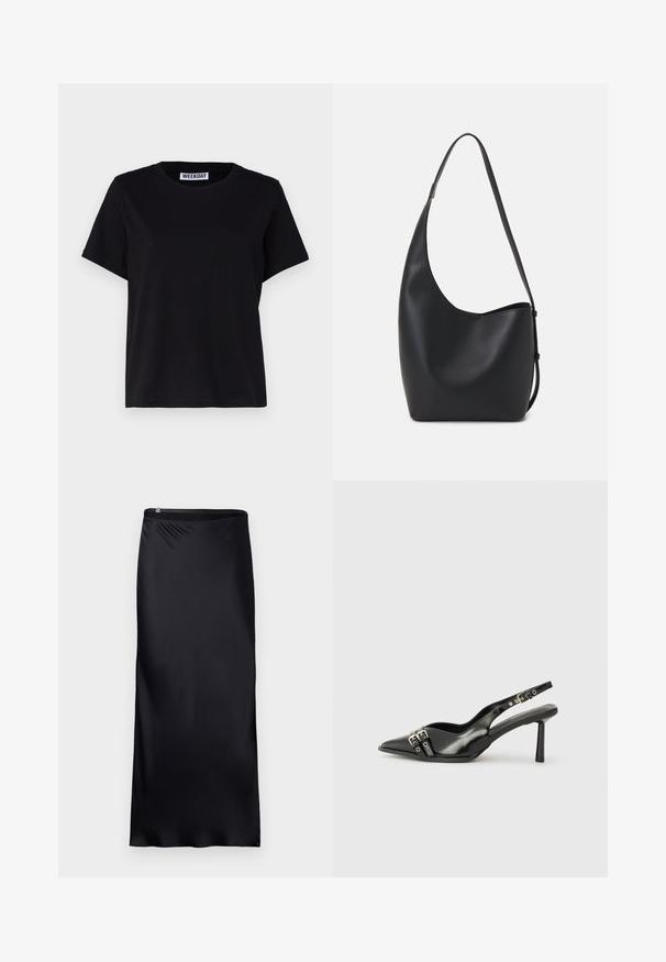 Mustast lühikeste varrukatega t-särk, mis on valmistatud puuvillast. Omab ümmargust kaelust ja mugavat lõiget. Silti ehtib tekst "WEEKDAY" krael.; Must musta, põlvini seelik, mis on valmistatud siledast ja kergeist kangast. Omab lihtsat disaini, ilma õmblusteta vöökoht ja tõmblukuga detail.; Must musta nahk kingad sanga ja terava ninaga, ankle strapidega, millel on hõbedased pandlad ja riistvara ning õhuke konts.; Mustast nahast hobo kott, millel on sile tekstuur, kumer kuju ja üks reguleeritav rihm; peal on lai avaus.