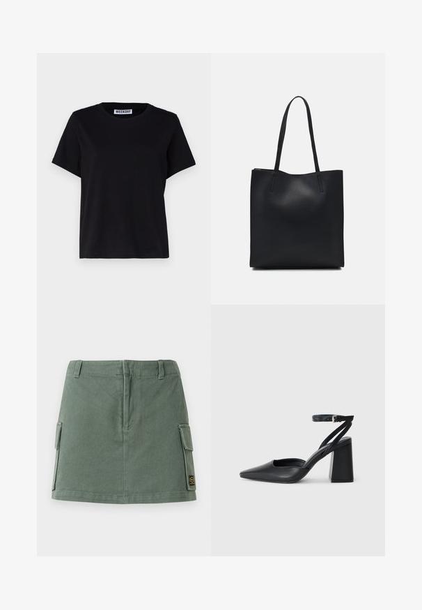 T-shirt preto de manga curta feito de algodão. Apresenta um decote redondo e um corte relaxado. A etiqueta diz "WEEKDAY" no colarinho.; Saia de ganga verde com um cós ajustado, dois bolsos laterais e um patch na parte inferior direita. Textura suave com um brilho subtil.; Sandal com biqueira afilada em couro preto, com cinta no tornozelo e salto grosso. Textura lisa, design elegante e estética minimalista.; Bolsa tote preta em couro com textura lisa, forma retangular e duas alças longas. Sem hardware ou enfeites visíveis.