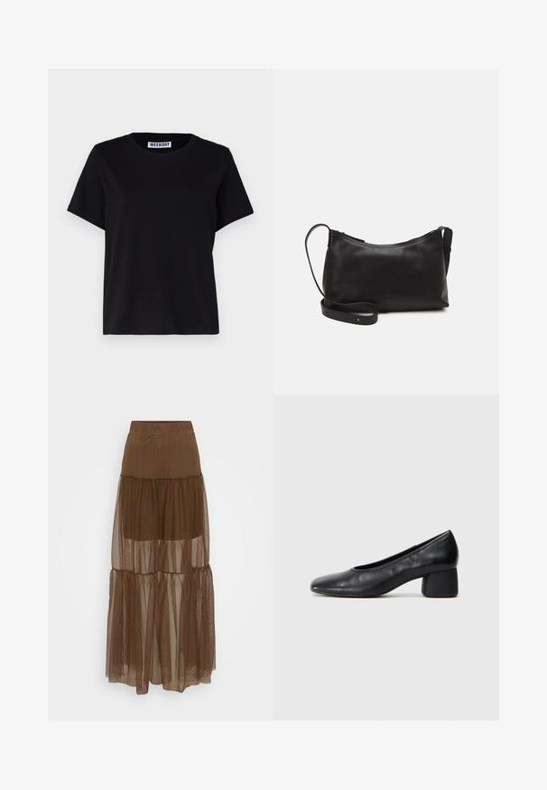 Fekete, rövid ujjú pamut póló. Kerek nyakkivágással és laza fazonnal rendelkezik. A galléron a "WEEKDAY" felirat olvasható.; Barna, réteges szoknya textúrált hálós felső résszel és elasztikus derekú behúzóval. Három réteg áttetsző anyaggal rendelkezik, amely folyékony sziluettet biztosít.; Fekete bőr magassarkú cipő, lekerekített orral és közepes blokk sarkú. Simább textúrájú, minimális díszítéssel, finom elasztikus nyílással.; Fekete bőr válltáska sima felülettel, ívelt formával, állítható pánttal és cipzáras záródással. Minimalista dizájn díszítmények nélkül.