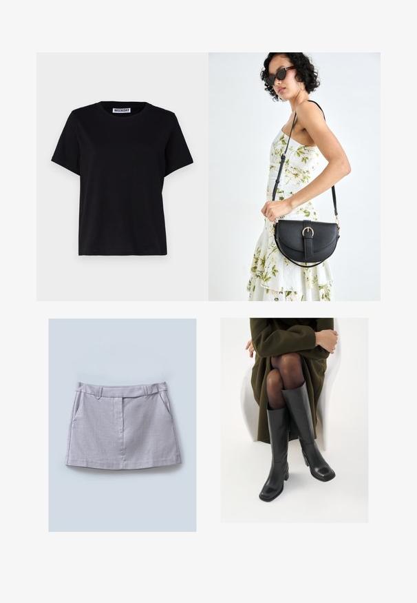 Svart t-skjorte med kort erme laget av bomull. Har en rund hals og avslappet passform. Merket leser "WEEKDAY" ved kragen.; Grå skjørt med en jevn tekstur, med flat linning, to framlommer og rett snittdesign.; Knæhøye sorte lærstøvler med firkantet tå og blokkhelt, vist med en modell som sitter iført en olivengrønn kåpe. Glatt tekstur, minimal detaljering.; Svart lærveske med en buet form, avtagbar stropp og gullbeslag. Vesken har et klaff med spenne-detall.