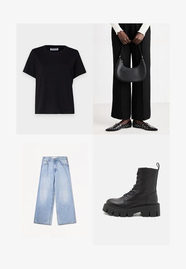 Crna majica kratkih rukava izrađena od pamuka. Ima okrugli izrez i opušteni kroj. Na ovratniku se nalazi oznaka "WEEKDAY".; Bershka WIDE-LEG - Široke nogavice - light-blue denim; Crne kožne gležnjače s vezanjem sprijeda, debelim platformama i petljom za povlačenje; glatka tekstura i suptilno brendiranje na peti.; Crna kožna torba preko ramena zaobljenog oblika, s sjajnom završnom obradom i srebrnim hardverom. Osoba nosi crne hlače širokog kroja i loaferice sa studovima.