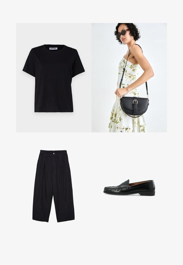Black short-sleeve t-shirt made of cotton. Features a crew neckline and relaxed fit. Label reads “WEEKDAY” at the collar.; Black polyester culotte pants with an elastic waistband, two front pleats, and a loose silhouette. No visible patterns or hardware details.; Black leather loafers feature a moccasin-style upper with raised stitching and a flat rubber sole. The design is minimalist with no visible embellishments.; Black leather handbag with a curved shape, detachable strap, and gold hardware. The bag features a flap with a buckle detail.