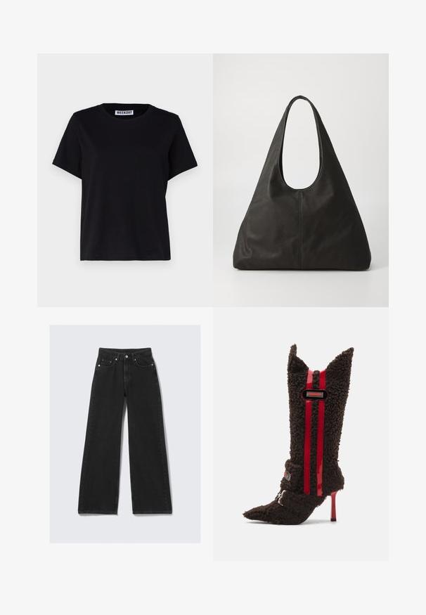 Fekete, rövid ujjú pamut póló. Kerek nyakkivágással és laza fazonnal rendelkezik. A galléron a "WEEKDAY" felirat olvasható.; Széles szárú fekete farmernadrág, karcsú derékrésszel, strapabíró anyagból, elülső zsebekkel és aranyszínű fém részletekkel.; Barna szőrre emlékeztető, magas sarkú csizma hegyes orral, piros lakkbőr csíkokkal és logóval az bokán. Dombornyomott anyag.; Fekete bőr válltáska ívelt fogantyúval, hosszúkás háromszög alakú és sima tapintású. Jellemző rá a minimalista dizájn, melyen nincsenek látható fémrészek.