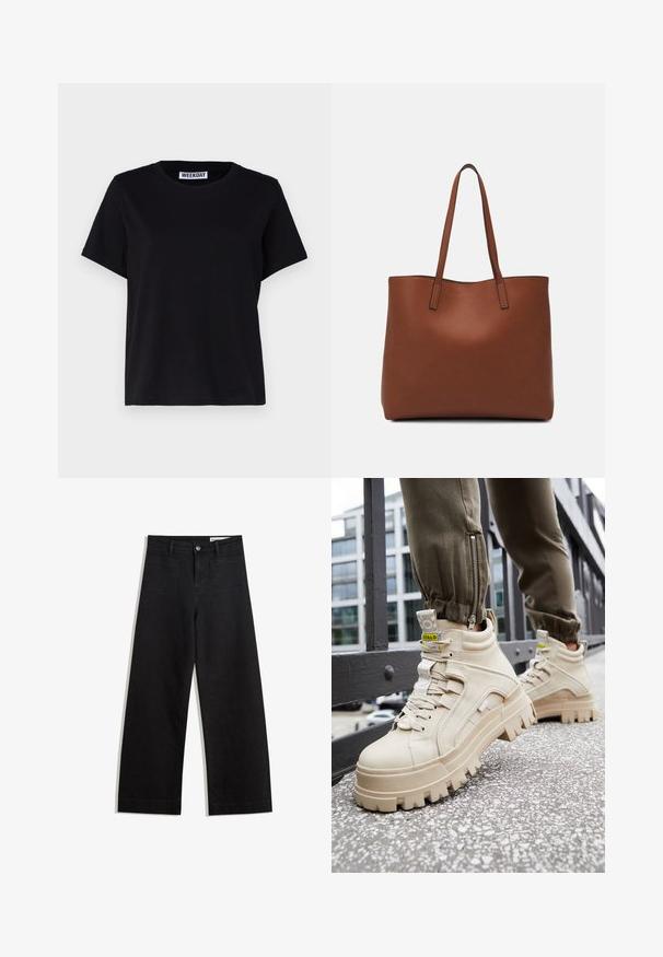 Fekete, rövid ujjú pamut póló. Kerek nyakkivágással és laza fazonnal rendelkezik. A galléron a "WEEKDAY" felirat olvasható.; Fekete, bő szabású farmernadrág magas derékkal, elülső és hátsó zsebekkel, varrott felületekkel és gombos záródással. Sima textúra.; Beige magas szárú sportcipők, vastag, textúrált talppal, fűzős kialakítással és sárga díszítő címkékkel. Textúrált bőr felsőrész, kontrasztos varrással.; Barna bőr vászontáska sima textúrával, nyitott tetejű dizájnnal és két vállpánttal. Minimális varrással és látható hardver nélkül készült.
