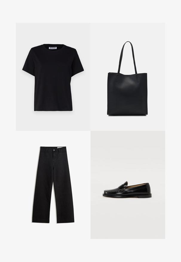 Čierne tričko s krátkym rukávom vyrobené z bavlny. Má okrúhly výstrih a voľný strih. Na golieri je štítok s nápisom „WEEKDAY“. ; Čierne denimové nohavice s širokými nohavicami a vysokým pásom, so prednými a zadnými vreckami, šitými švami a zapínaním na gombík. Hladká textúra.; Čierne kožené poltopánky s okrúhlym prstom, dekoračným šitím a plochou podrážkou. Hladký povrch a minimalistický dizajn.; Čierna kožená taška na rameno s hladkým povrchom, obdĺžnikovým tvarom a dvoma dlhými uchami. Bez viditeľného kovania alebo ozdôb.