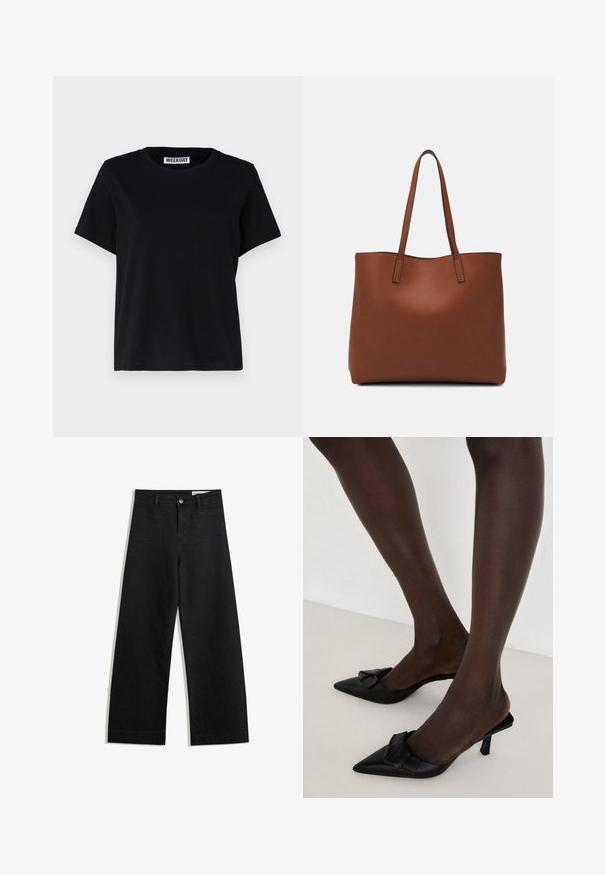 Black short-sleeve t-shirt made of cotton. Features a crew neckline and relaxed fit. Label reads “WEEKDAY” at the collar.; Black wide-leg denim pants with a high waist, featuring front and back pockets, stitched seams, and a button closure. Smooth texture.; Black pointed-toe mules made of smooth leather, featuring a bow accent on the vamp and a short, slender heel.; Brown leather tote bag with a smooth texture, open top design, and two shoulder straps. Features minimal stitching and no visible hardware.