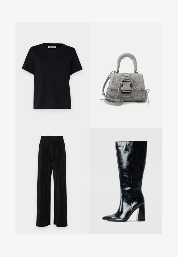 Tricou negru cu mânecă scurtă, fabricat din bumbac. Are un guler tip crew și o croială lejeră. Eticheta de la guler spune „WEEKDAY”.; Pantaloni negri plisati cu talie elastică. Prezintă picioare largi și un material neted, texturat, cu dungi verticale.; Botine negre până la genunchi, realizate din piele lucioasă, cu vârf ascuțit și toc geometric robust cu o textură netedă.; Geantă gri texturată, cu un maner căptușit, accente din plasă, curea ajustabilă și un închizător frontal. Design compact cu o formă rotunjită.