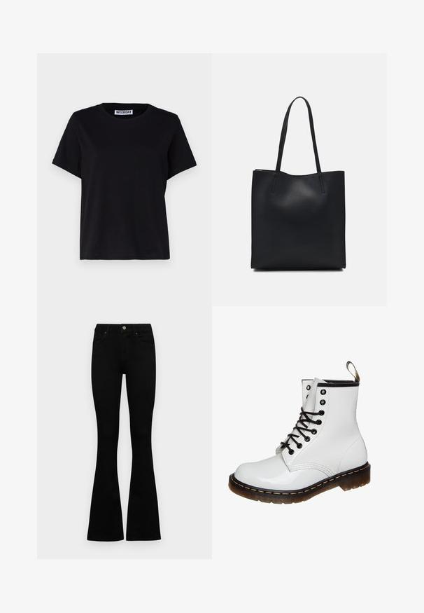T-shirt nero a maniche corte realizzato in cotone. Presenta un collo a giro e una vestibilità comoda. L'etichetta riporta la scritta "WEEKDAY" sul colletto.; Jeans neri a vita alta con chiusura a bottoni e zip, tasche frontali e gambali svasati, distesi su uno sfondo bianco.; Stivale alla caviglia in pelle verniciata bianca con occhielli neri, lacci neri e suola in gomma marrone caratterizzata da una distintiva cucitura gialla.; Borsa tote in pelle nera con texture liscia, forma rettangolare e due manici lunghi. Nessun hardware o decorazione visibile.
