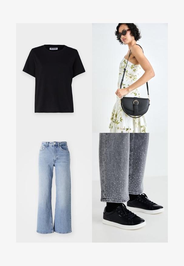 Schwarzes T-Shirt mit kurzen Ärmeln aus Baumwolle. Verfügt über einen Rundhalsausschnitt und einen lockeren Schnitt. Das Etikett trägt die Aufschrift „WEEKDAY“ am Kragen.; Himmelblaue hochtaillierte Schlagjeans mit vorderen und hinteren Taschen, Knopfverschluss und dezentem Verblassen an den Oberschenkeln und Säumen.; Schwarze Ledersneaker mit weißen Gummisohlen und strukturierten Akzenten. Kombiniert mit grauen Jeans, die mit verzierten silbernen Punkten versehen sind.; Schwarze Lederhandtasche mit geschwungener Form, abnehmbarem Tragegurt und goldenen Beschlägen. Die Tasche verfügt über einen Deckel mit einer Schnallen-Details.
