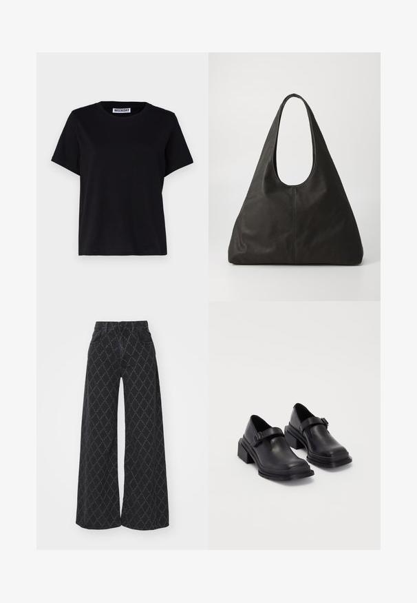 Mustast lühikeste varrukatega t-särk, mis on valmistatud puuvillast. Omab ümmargust kaelust ja mugavat lõiget. Silti ehtib tekst "WEEKDAY" krael.; Laiad mustad teksapüksid, millel on teemantmuster. Omab kõrge vöökohaga, standardseid taskuid ja nööbikinnitust. Tekstureeritud kangas.; Mustad mustad jalanõud ümmarguse varbaga, tasase tallaga ja kinnitusega rihmaga, millel on pandla detail. Suure plokknina, mis tagab lisastabiilsuse.; Must mustkott mustriga käsnaga, pikliku kolmnurkse kuju ja sileda tekstuuriga. Omab minimalistlikku disaini ilma nähtavate seadmeteta.