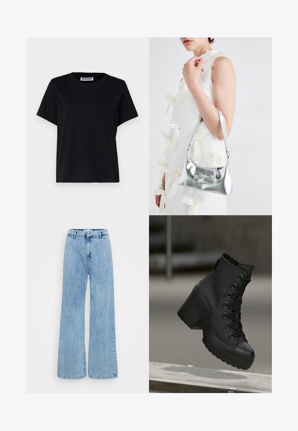 Tricou negru cu mânecă scurtă, fabricat din bumbac. Are un guler tip crew și o croială lejeră. Eticheta de la guler spune „WEEKDAY”.; Jeans largi de culoare albastru deschis, confecționați din denim, cu talie înaltă, închidere frontală cu buton și o ușoară decolorare pe material.; Bocanci negri cu platformă și bot înalt, cu un finisaj din piele texturată, șireturi în față și toc robust. Prezintă o talpă din cauciuc cu modele distincte de profil.; Geantă metalică argintie cu o formă structurată, având un mâner superior și un detaliu sub formă de fundă pe față. Textură netedă, finisaj reflexiv.