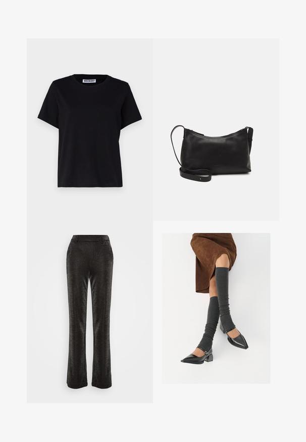 Tricou negru cu mânecă scurtă, fabricat din bumbac. Are un guler tip crew și o croială lejeră. Eticheta de la guler spune „WEEKDAY”.; Pantaloni negri evazați, confecționați dintr-un material texturat, strălucitor. Au un talie ajustată și buzunare laterale, cu o siluetă netedă până la tiv.; Pantofi negri din piele lacuită, cu vârful ascuțit, toc bloc și curea la glezna, asortați cu jambiere gri cu nervuri și o fustă din suede maro.; Geantă de umăr din piele neagră, cu o textură netedă, formă curbată, curea ajustabilă și închidere cu fermoar. Design minimalist, fără embellishments.