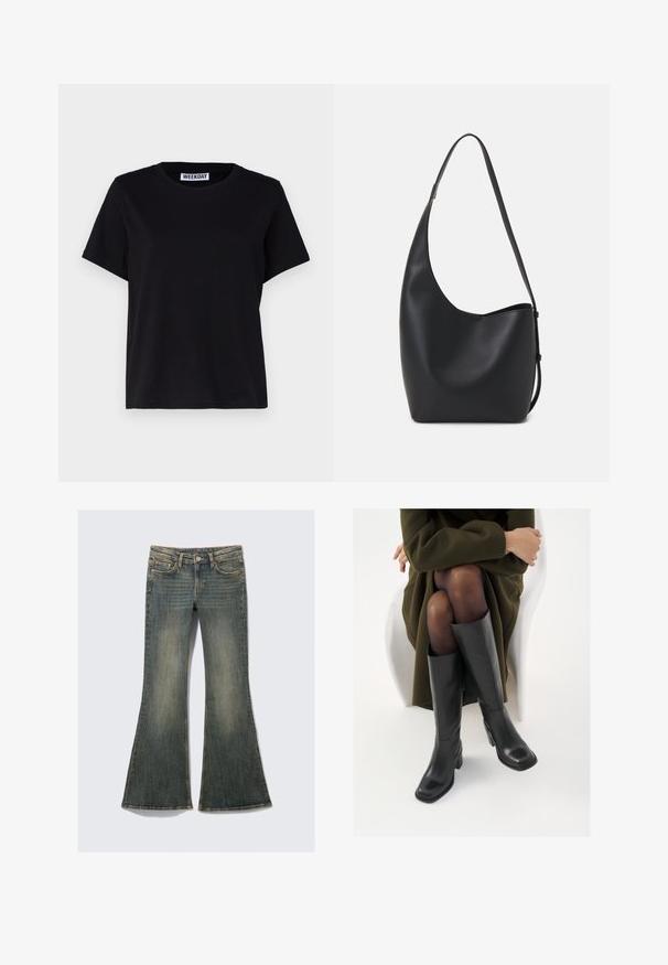 Czarna koszulka z krótkim rękawem wykonana z bawełny. Posiada okrągły dekolt i luźny krój. Metka przy kołnierzyku mówi "WEEKDAY".; Rozkloszowane dżinsy w wyblakłym niebieskim kolorze z klasycznym pięciokieszeniowym wzorem, z delikatną teksturą i widocznymi akcentami szwów.; Kozaki skórzane do kolan w kolorze czarnym, z kwadratowym noskiem i słupkowym obcasem, pokazane na modelce siedzącej w oliwkowej zielonej kurtce. Gładka tekstura, minimalne detale.; Czarna skórzana torba hobo o gładkiej fakturze, zaokrąglonym kształcie i pojedynczym, regulowanym pasku; posiada szerokie otwarcie na górze.