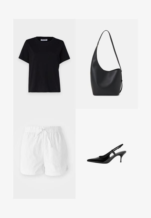 T-shirt noir à manches courtes en coton. Présente un col rond et une coupe décontractée. L'étiquette indique « WEEKDAY » au niveau du col.; Shorts en coton blanc avec une taille élastique et un cordon de serrage ajustable. Dotés de fentes latérales pour plus de mobilité et d'une coupe décontractée.; Escarpin en vernis noir avec bout pointu, découpes latérales ouvertes, talon fin et bride réglable à la cheville.; Sac hobo en cuir noir avec une texture lisse, une forme incurvée et une seule sangle réglable ; dispose d'une large ouverture en haut.