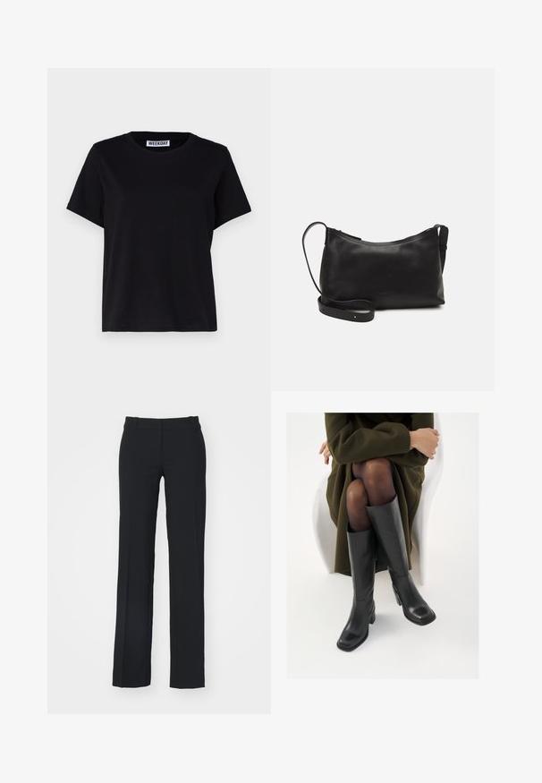 Črna kratka majica s kratkimi rokavi iz bombaža. Ima krožno izrezan ovratnik in sproščen kroj. Na ovratniku je oznaka "WEEKDAY".; Weekday KEEL LOW SUITING - Hlače - black; Črne usnjene čevlje do kolen s kvadratnim prstom in blok peto, prikazani na modelu, ki sedi v olivno zeleni plašču. Gladka tekstura, minimalne podrobnosti.; Črna usnjena torba čez ramo z gladko teksturo, ukrivljeno obliko, nastavljivim trakom in zadrgo. Minimalističen dizajn brez okrasnih detajlov.