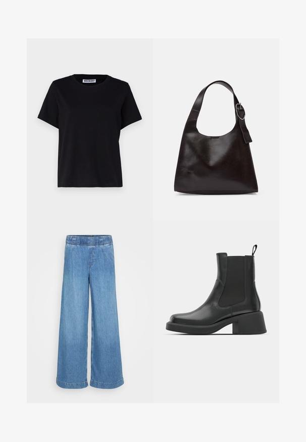 Čierne tričko s krátkym rukávom vyrobené z bavlny. Má okrúhly výstrih a voľný strih. Na golieri je štítok s nápisom „WEEKDAY“. ; Svetlomodré, široké džínsy vyrobené z denimu s elastickým pásom a bez viditeľných vreciek. Majú čistý vzhľad s vykrojenými lemami.; Čierne kožené členkové topánky s elastickými bočnými panelmi, zaoblenou špičkou a robustným blokovým opätkom. Hladká textura s minimalistickým dizajnom.; Hnedá kožená taška cez rameno s hladkým povrchom, zaobleným tvarom, širokým popruhom a kruhovým kovovým akcentom na rúčke.