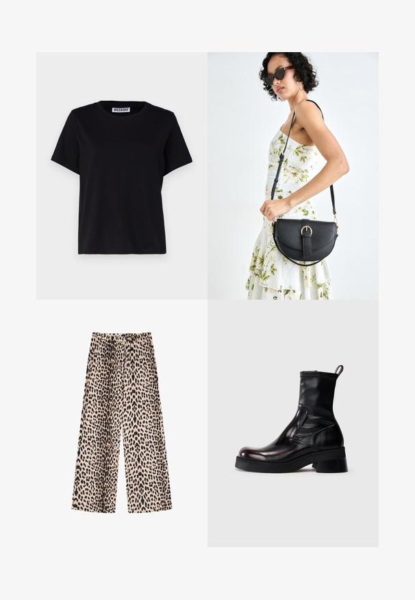 Mustast lühikeste varrukatega t-särk, mis on valmistatud puuvillast. Omab ümmargust kaelust ja mugavat lõiget. Silti ehtib tekst "WEEKDAY" krael.; Laiad sääred leopardi trükisega pükstes, millel on heledat beeži taust ja mustad ning pruunid laigud, valmistatud tekstuurilisest kangast.; Mustad nahast pahkluu saapad läikiva viimistlusega, ümarate ninade ja jämeda kontsaga. Sisaldab külgmist lukku ja tõmblukuga riba mugavaks jalga panemiseks.; Mustmust mustraha kõverate joontega, eemaldatava rihmaga ja kuldsete detailidega. Kotil on klapp, millel on pandladetail.