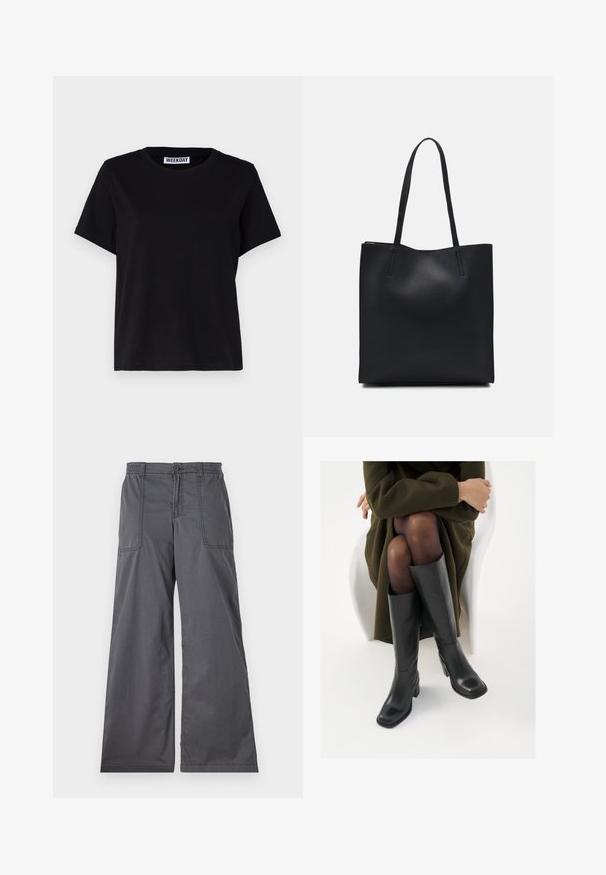 Fekete, rövid ujjú pamut póló. Kerek nyakkivágással és laza fazonnal rendelkezik. A galléron a "WEEKDAY" felirat olvasható.; Szürke, bő szárú nadrág sima textúrával, első zsebekkel, gombos záródással és varrott részletekkel az oldalvarrásokon.; Térdfelett érő fekete bőr csizmák négyzet alakú orral és tömbtalppal, olajzöld kabátban ülő modellel bemutatva. Simaság, minimalista részletezés.; Fekete bőrtáska sima felszínnel, téglalap alakú, két hosszú füllel. Nincs látható fémkiegészítő vagy díszítés.