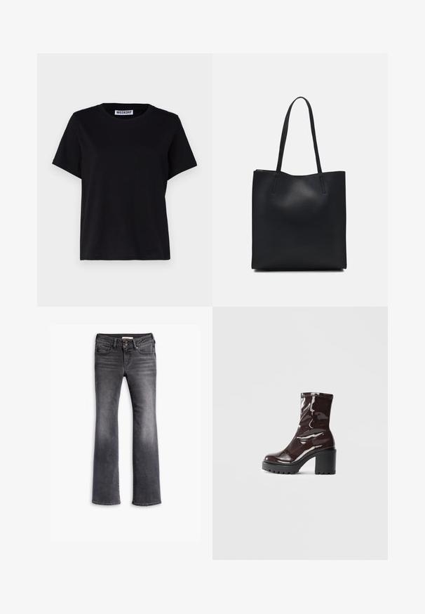 Tricou negru cu mânecă scurtă, fabricat din bumbac. Are un guler tip crew și o croială lejeră. Eticheta de la guler spune „WEEKDAY”.; Jeans evazate din denim gri închis, cu închidere cu nasture, cinci buzunare, ușor decolorate și cusături contrastante pe umeri.; Botine lucioase burgundy, cu toc gros negru, având o textură netedă și un design simplu. Fără închideri sau modele vizibile.; Geantă tote neagră din piele, cu textură netedă, formă rectangulară și două mânere lungi. Fără hardware vizibil sau ornamente.