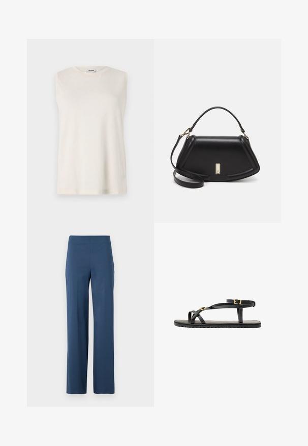 Top bez rukávů vyrobený z lehkého béžového materiálu, s kulatým výstřihem a volným střihem. Hladká textura bez zdobení nebo vzorů.; Tmavě modré, široké kalhoty vyrobené z měkké, elastické tkaniny. Mají vysoký pas a čistý, neozdobený design bez kapes.; Černé kožené sandály s tenkými popruhy a přezkou kolem kotníku. Plná podrážka s texturovaným povrchem a cik-cak okrajem. Minimalistický design.; Černá kožená kabelka se strukturovaným designem, jejíž tvar je zkrácený, má horní rukojeť a zlaté kovové detaily. Součástí je i nastavitelný ramenní popruh.