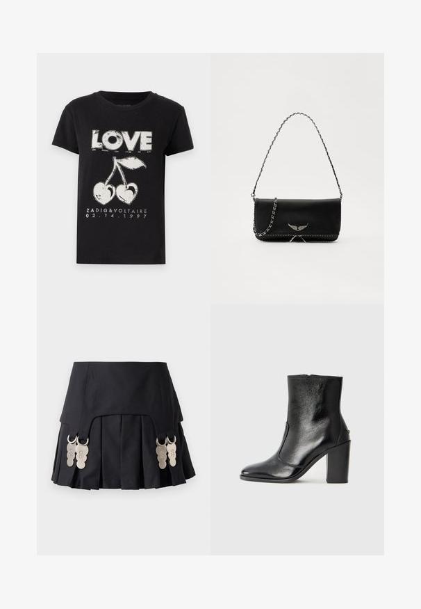 Černé bavlněné tričko s bílým grafickým potiskem slova "LOVE" a dvou třešní ve tvaru srdce, spolu s textem značky a datem.; Černá plisovaná sukně s kovovými akcenty po stranách, vyrobená z strukturované textilie s hladkou strukturou a čistým designem.; Černé kožené kotníkové boty s hladkou texturou, špičatou špičkou a robustním vysokým podpatkem. Mají boční otvor a minimalistický design.; Černá kožená kabelka se stříbrným řetízkovým popruhem, zdobená dekorativními křídly a bílým prošíváním podél spodního švu.