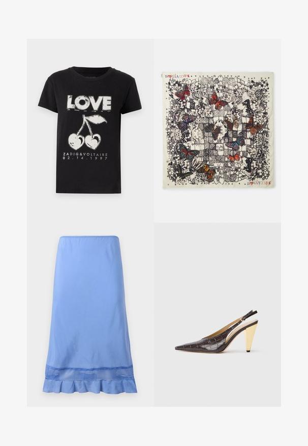 Sort bomulds t-shirt med en hvid grafisk tryk af ordet "KÆRLIGHED" og to kirsebær med en hjerteform, samt brandtekst og dato.; Lyseblå knælang nederdel lavet af glat stof, med en flæset kant og et mesh-detalje nær bunden. Enkel pull-on design.; Spids-tå slingback hæl i mørkebrun blank fake krokodillelæder. Har en guldfarvet geometrisk hæl og justerbar ankelrem.; Firkantet silkeslæt med detaljerede sommerfugleillustrationer i forskellige farver på en lys baggrund, med sorte omrids og dekorative mønstre.