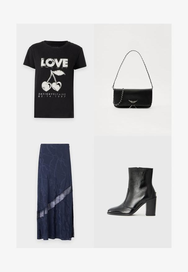 T-shirt in cotone nero con stampa grafica bianca della parola "LOVE" e due ciliegie a forma di cuore, insieme al testo del marchio e alla data.; Gonna maxi blu navy con pannello in pizzo e motivo a catena. Texture liscia con design con spacco laterale per un tocco in più.; Stivale alla caviglia in pelle nera, con una superficie liscia, punta affilata e tacco alto e massiccio. Presenta una apertura laterale e un design minimalista.; Borsa a mano in pelle nera con una tracolla in catena argento, caratterizzata da decorazioni a forma di ali e cuciture bianche lungo la cucitura inferiore.
