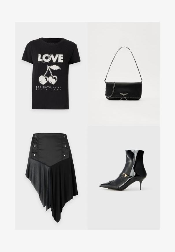 T-shirt en coton noir arborant une impression graphique blanche du mot "AMOUR" et deux cerises en forme de cœur, ainsi que le nom de la marque et la date.; Jupe asymétrique noire mettant en vedette un mélange de tissus mats et texturés, avec des détails de bouton argenté à la taille et un design à ourlet superposé.; Bottines en cuir verni noir avec un bout pointu, un talon fin et deux fines bandes avec une boucle dorée. Fini lisse et brillant.; Sac à main en cuir noir avec une bandoulière en chaîne argentée, présentant des accents décoratifs en forme d'ailes et des coutures blanches le long de la couture inférieure.