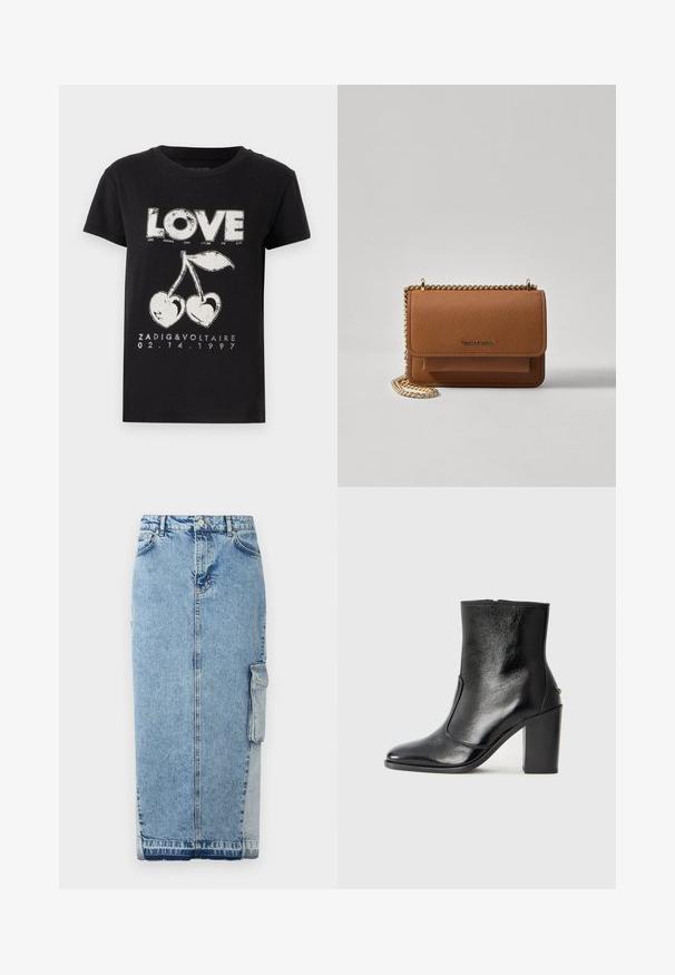 Fekete pamut póló, amelyen a "LOVE" szó fehér grafikával van nyomtatva, két cseresznyével és szívformával, valamint márkanevével és dátumával.; Világoskék farmer szoknya, egyenes szabással, elülső gombos záródással, oldalsó zsebekkel és egy jellegzetes kontrasztos anyagbetéttel.; Fekete bőr bokacipő sima textúrával, hegyes orral és vastag, magas sarkával. Oldalnyílással és minimalista dizájnnal rendelkezik.; Barna textúrájú bőr keresztbody táska arany lánc pánttal és fedélzárral. Az elején logó részlet és egy zseb található a fedél alatt.