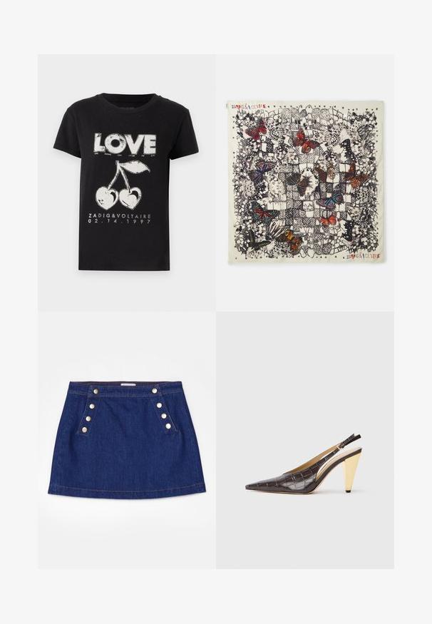 T-shirt in cotone nero con stampa grafica bianca della parola "LOVE" e due ciliegie a forma di cuore, insieme al testo del marchio e alla data.; FRAME SAILOR SNAP SKIRT - Gonna di jeans - celestine; Tacco slingback a punta in ecopelle lucida effetto coccodrillo marrone scuro. Caratterizzato da un tacco geometrico in tonalità oro e da una cinghia alla caviglia regolabile.; Foulard quadrato in seta con illustrazioni dettagliate di farfalle in vari colori su uno sfondo chiaro, con contorni neri e motivi decorativi.