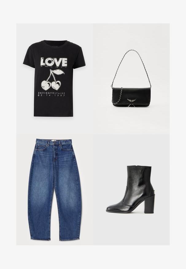 Tricou negru din bumbac, cu un print grafic alb al cuvântului "DRAGOSTE" și două cireșe cu o formă de inimă, împreună cu textul brandului și data.; Jeans din denim cu o croială lejeră, talie medie, culoare albastru închis, textură uzată, design cu cinci buzunare și deschidere dreaptă la picior.; Botină din piele neagră, cu o textură netedă, vârf ascuțit și toc gros, înalt. Dispune de o deschidere laterală și un design minimalist.; Geantă de mână din piele neagră cu un lanț din argint, având accente decorative în formă de aripi și cusături albe de-a lungul cusăturii de jos.
