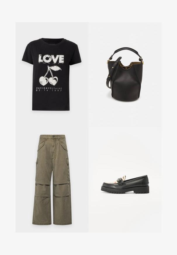 Fekete pamut póló, amelyen a "LOVE" szó fehér grafikával van nyomtatva, két cseresznyével és szívformával, valamint márkanevével és dátumával.; Pamut khaki cargo nadrág, széles szárú stílussal, több zsebbel és varrott részletekkel. Kényelmes viselet, alkalmi öltözködéshez.; Fekete bőr mokaszinok masszív gumitalppal, szögletes orral és díszítő pánttal. A dizájn mintás bélésével rendelkezik, amely szívecskéket ábrázol.; Fekete bőr vödör táska texturált felülettel, arany hardware részletekkel és nyitott tetejével. Rövid fogantyúval és állítható vállpánttal rendelkezik.