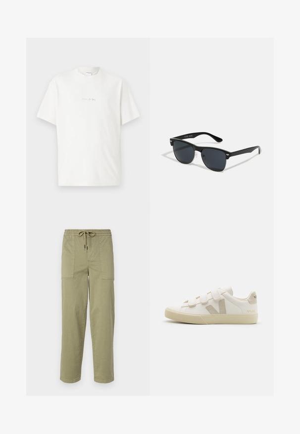 White cotton t-shirt with a crew neck, short sleeves, and a small printed logo on the front. Smooth texture and relaxed fit.; Light olive green pants made of cotton blend fabric, featuring an elastic waistband with drawstring, and two large side pockets.; White leather sneakers with Velcro straps, beige accents, rounded toe, textured rubber sole, and embossed logo. Minimalist design.; Black sunglasses with a rectangular shape, dark lenses, silver accents at the temples, and a matte finish on the frame.