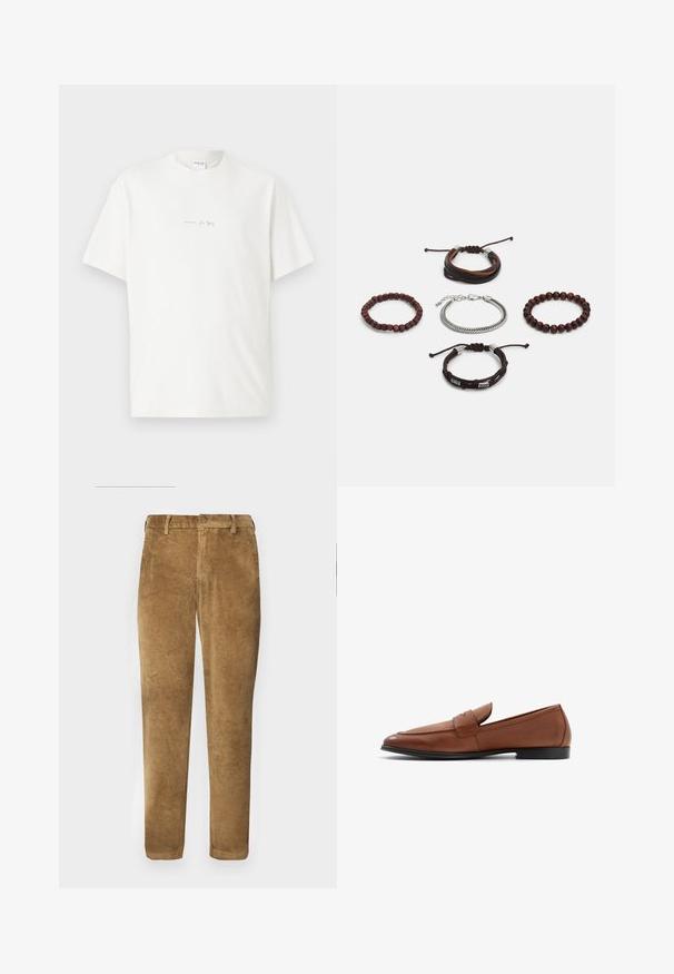 Witte katoenen t-shirt met een ronde hals, korte mouwen en een klein gedrukt logo aan de voorkant. Gladtextuur en een ontspannen pasvorm.; Bruine corduroybroek met verticale ribbeltextuur, rechte snit, knoopsluiting en riemlussen. Gladde stof met een zachte afwerking.; Bruine leren instappers met een lage silhouette, ronde neus en gestikte details op de schacht. Effen zwarte zool met een gladde afwerking.; Set van vijf armbanden met bruin leer, houten kralen en een zilveren ketting; verschillende texturen en vormen, met verstelbare sluitingen.