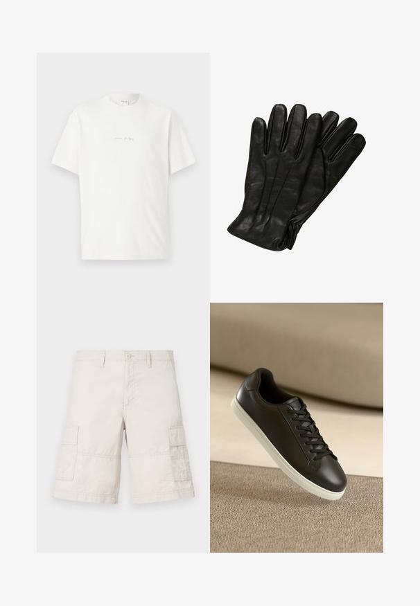 Bela bombažna majica s krojem, kratkimi rokavi in malim potiskanim logotipom spredaj. Gladka tekstura in sproščen kroj.; Bež kratke hlače iz lahkotnega bombaža, z dvema stranskima žepoma, sprednjim gumbom in šivi.; Črne usnjene superge z belo gumijasto podplatom in črnimi vezalkami, postavljene na bež tkaninsko površino in ozadje.; Črne usnjene rokavice z gladko teksturo, pet prstov in subtilnimi šivi. Klasičen dizajn, primeren za uporabo v hladnem vremenu.