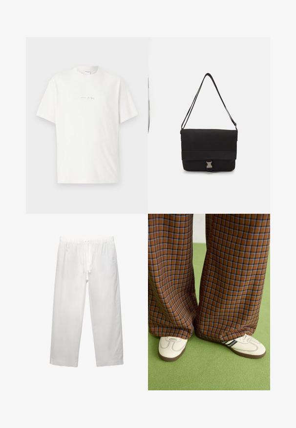 Biela bavlnená tričko s okrúhlym výstrihom, krátkymi rukávmi a malým potlačeným logom vpredu. Hladká textúra a voľný strih.; Biele ľanové nohavice s elastickým pásom a šnúrkou, širokým strihom a čistými švami. Hladká textúra s ležérnym strihom.; Hnedé a modré kárované nohavice s širokými nohavicami skombinované s bielymi topánkami s čiernymi akcentmi a textúrovanými podrážkami, umiestnené na zelenom pozadí.; Čierna taška na rameno vyrobená z hladkého materiálu, s preklápacím vrchným dielom, striebornými kovový ktorými a nastaviteľným ramenným popruhom.