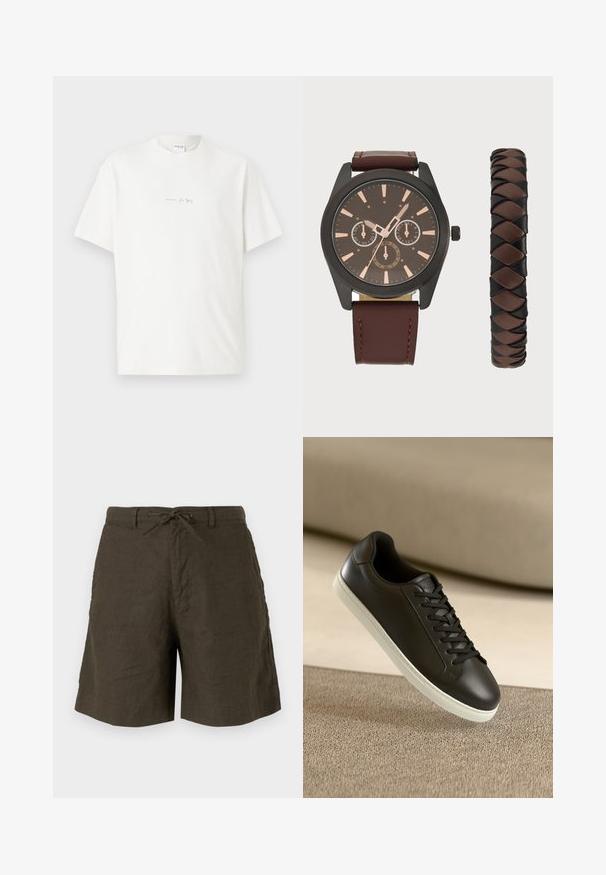 T-shirt bianca in cotone con collo rotondo, maniche corte e un piccolo logo stampato sul davanti. Tessuto morbido e vestibilità comoda.; Pantaloni corti khaki in lino, con vita regolabile, tasche laterali e una vestibilità rilassata con una texture morbida.; Sneaker in pelle nera con suola in gomma bianca e lacci neri, posizionato su una superficie e sfondo in tessuto beige.; Pier One SET - Orologio - black/brown