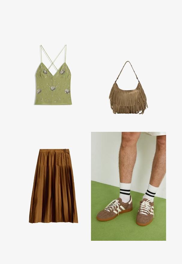 Canotta verde oliva con scollatura a V, spalline incrociate regolabili, impreziosita da ricami floreali argentati e dettagli di perline.; Gonna midi plissettata in satin marrone con vita alta e dettaglio fibbia laterale, esposta piatta su uno sfondo bianco.; Sneaker in suede marrone con dettagli e lacci bianchi. Suola in gomma color gomma. Indossati con calzini bianchi con righe nere. Pavimento verde texturizzato.; Borsa a tracolla in suede marrone con lunghi dettagli in frange, forma curva e una singola tracolla. Presenta una superficie liscia e testurizzata.